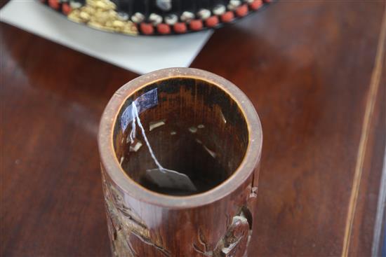 A Chinese bamboo and hongmu mounted brush pot, Qing dynasty, total height 14cm